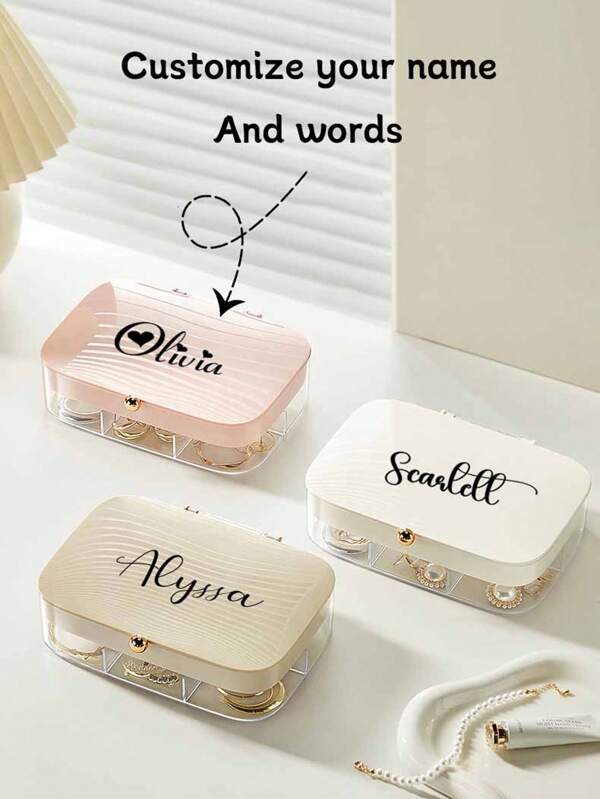 1pc Customized Name Jewelry Storage Box, Women Portable Double-Layer Necklace Earring Ring Organizer, High Capacity Compartmentalized Desktop Jewelry Box, Multiple Colors, Bohemian, Elegant, Cute, Personalized, Ideal Gift For Wife, Girlfriend, Bestfriend For Valentine's Day, Anniversary, Teacher's Day, Christmas, Mother's Day, Thanksgiving