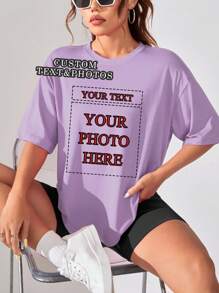 Custom Women's T-Shirt - Add Your Text And Photos (Badge Pattern/Couple Photo/Family Photo/Selfie/Pet), Design Your Own Personalised Printed T-Shirt As A Gift For Girlfriends, Couple's Dating Shirt, Etc For Anniversary, Valentine's Day, Mother's Day, Birthdays, Festivals And More.Comfortable And Casual,Customised Couple Shirts,Women's Tops,Custom Graphic Tops,Women's Short Sleeve T Shirts,Tops