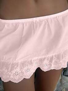 Women Eyelet Lace Trim Mini Skirt Low Rise Elastic Waist Summer Casual A Line Fairycore Y2k Short Skirts Underskirts - 粉色 - 查看 2