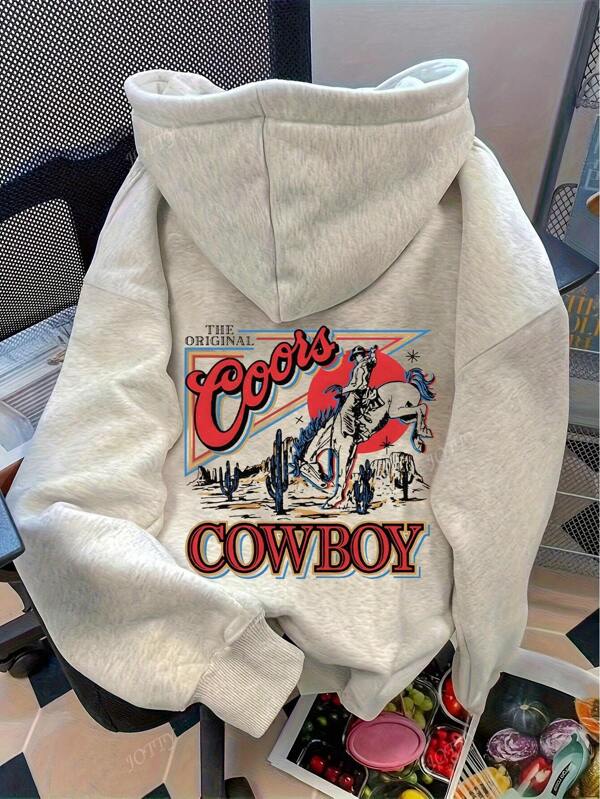 Cowboy Vintage Country Riding Horse Print Sweatshirt, Solid Color Long Sleeve Pocket Dropped Shoulder Casual Hoodie For Women, Fall Clothes For Back To School