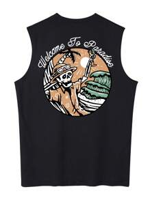 Chaleco sin mangas casual de verano para hombres con eslogan e impresión de calavera