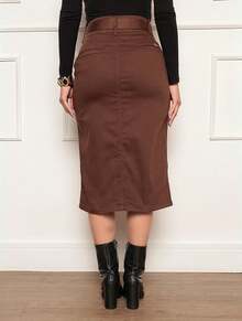 Women's Denim Midi Skirt High Waist Front Slit With Belt Fashion Casual Elegant - Rỉ Nâu - Xem 2