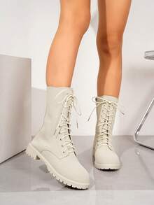 女士时尚百搭系带中筒/踝靴/摩托车靴/靴子，舒适休闲拉链户外靴，适合秋冬季，黑色 - 米色 - 查看 5