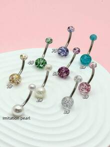 1pc Dual-End Faux Pearl Navel Ring, Elegant Navel Piercing, Stainless Steel Navel Piercing Jewelry, Sparkling Navel Ring Navel Piercing Jewelry Suitable For Daily Wear By Women - Silver - View 11