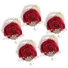 5pcs Navy Blue Bridesmaid Wrist Corsage Set, Weddings Gold Leaf & Pearl Elastic Wrist Flower Accessories Valentine's Day Accessories - Wrist Flower - View 17