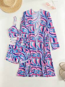 Full Print String Bikini With Beach Cover Up Kimono 3-Pieces Geometric Print Bikini Sets, V Neck Boxer Short Bottom With Cover Shirt Long Sleeves Swimsuit, Women's Swimwear & Clothing Valentine's Day - 紫色 - 查看 10