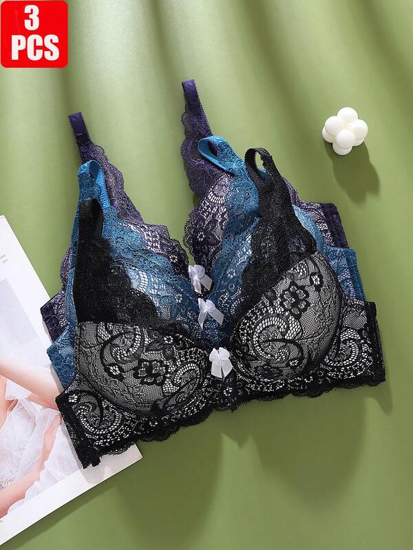 Conjunto de 3 peças de sutiã de renda feminino elegante e sexy francês, cor contrastante, confortável, cor sólida, decote profundo