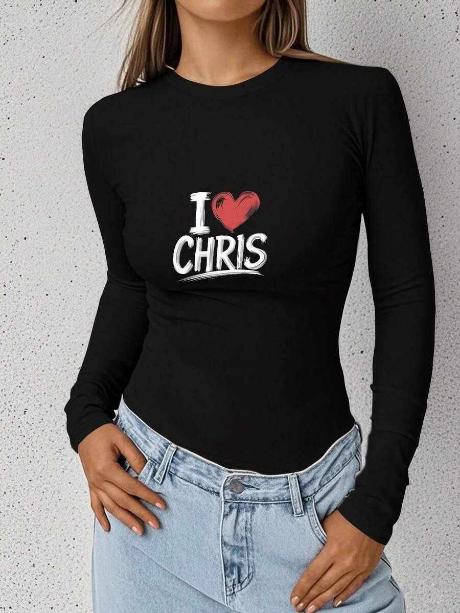 Heart I CHRIS Women's Fashion Long Sleeve Shirt - 黑色 - 查看 1