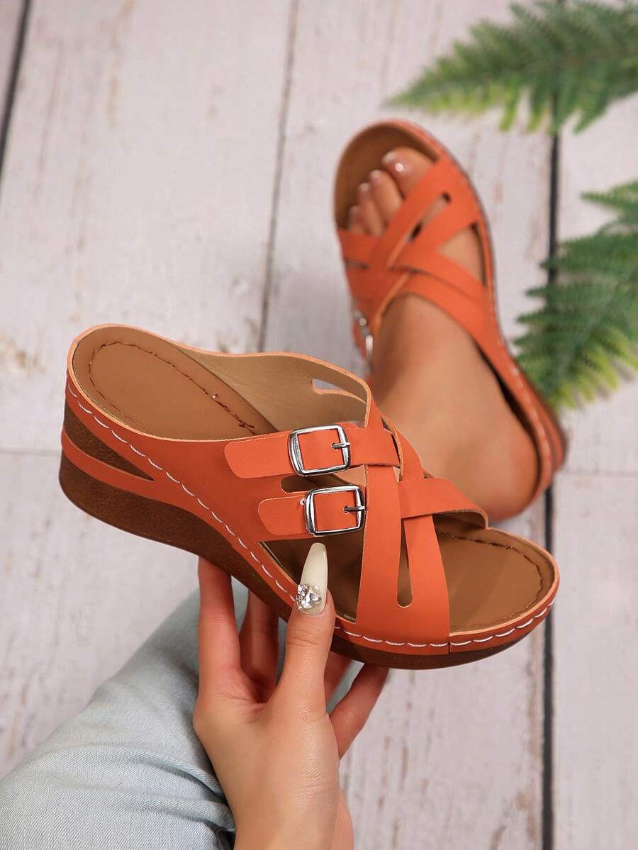Women's Retro Thick-Soled Sandals, Open-Toe Cross-Cut Open-Heel Casual Shoes, Comfortable Wedge-Heeled Sandals For Summer - Quả cam - Xem 1