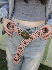 1 pieza Cinturón bohemio rosa, cinturón ovalado con remaches y malla de estilo punk vintage para mujeres que usan ropa occidental, un estilo alternativo para combinar con vaqueros, vestidos, adecuado para uso diario, fiestas, vacaciones, festivales de música