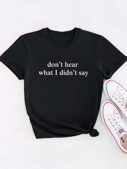Áo thun nữ mùa hè in họa tiết không thể nghe thấy những gì tôi không nói, cổ tròn tay ngắn, đơn giản, thường ngày, màu đen, cỡ lớn, áo phông, áo nữ in chữ tự kỷ