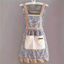 Waterproof Floral Design Canvas Apron - 1 Piece, Adjustable Shoulder Strap, Breathable Fabric, Perfect For Chefs And Waiters - 藍色A - 查看 1