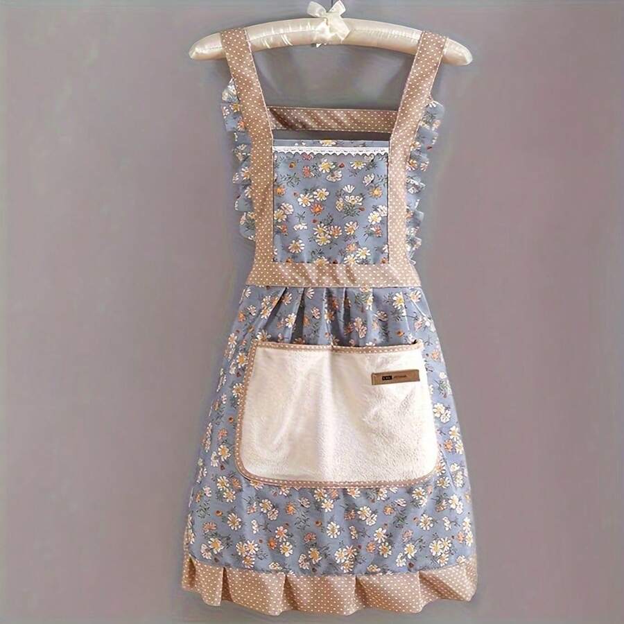 Waterproof Floral Design Canvas Apron - 1 Piece, Adjustable Shoulder Strap, Breathable Fabric, Perfect For Chefs And Waiters - 藍色A - 查看 1