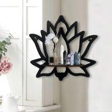 1pc/2pcs Simple Creative Wall Mount Display Rack (Hooks Included), Black Minimalist Butterfly & Lotus Decorative Wall Hanging, DIY Assembly Wooden Small Storage Rack