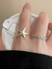 1 Set Of 2pcs Fashion Chic Starfish Open Ring Adjustable For Women, Suitable For Daily, Festival And Holiday Wear