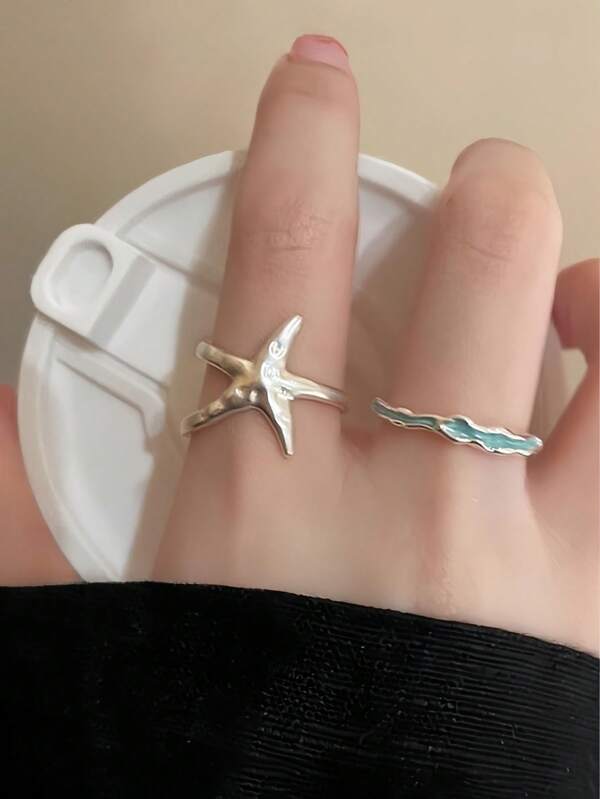 1 Set Of 2pcs Fashion Chic Starfish Open Ring Adjustable For Women, Suitable For Daily, Festival And Holiday Wear