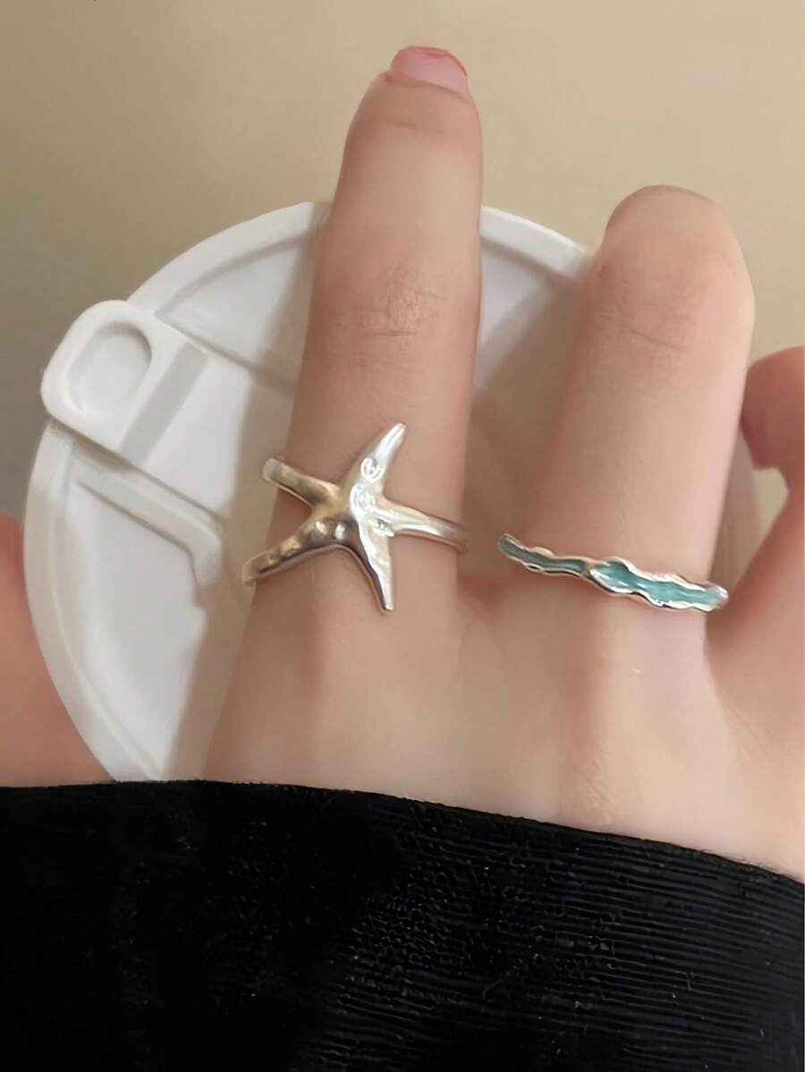 1 Set Of 2pcs Fashion Chic Starfish Open Ring Adjustable For Women, Suitable For Daily, Festival And Holiday Wear