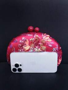 Unique Vintage Embroidered Floral Pattern Clutch Bag, Suitable For Daily Wear, Cheongsam, Evening Gown, Applicable For Banquet, Event, Party - Burgundy - View 5