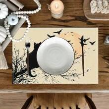 Juego de 1/2/4/6 individuales, estilo de gato negro de Halloween, con patrón de murciélago, tamaño 30x45 centímetros. Los individuales de poliéster de Halloween son adecuados para cocinas/manteles resistentes al calor del hogar, fáciles de limpiar y son accesorios ideales para mesas de cocina del hogar. Son adecuados para reuniones familiares y ocasiones interiores y son la mejor opción para la decoración de Halloween.