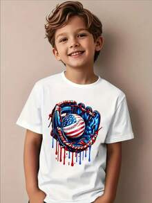 Baseball Drip Ice Cream 4th July Baseball US American Flag T-Shirt, For Boys Breathable, Casual And Comfortable Top Street Fashion Casual Summer T-Shirt Kids Clothes - 白色 - 查看 1