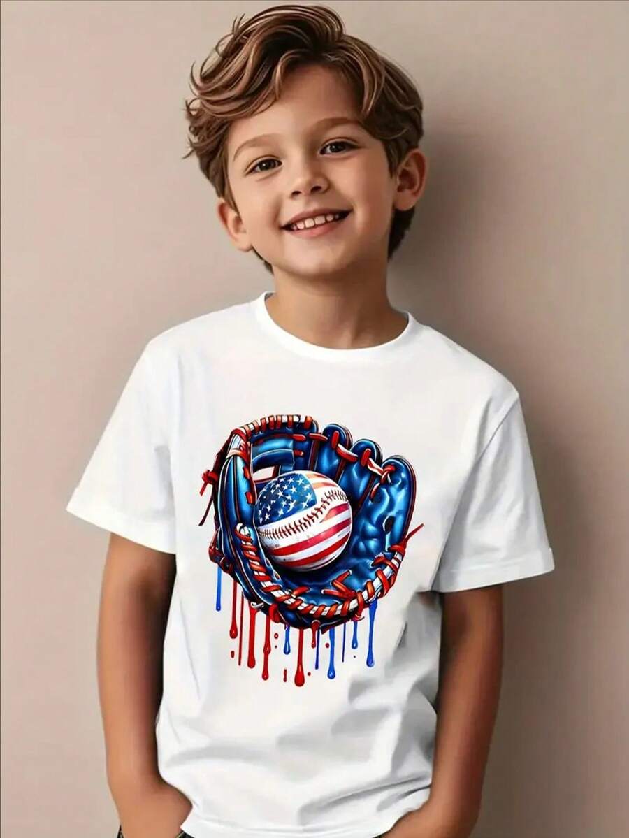 Baseball Drip Ice Cream 4th July Baseball US American Flag T-Shirt, For Boys Breathable, Casual And Comfortable Top Street Fashion Casual Summer T-Shirt Kids Clothes - 白色 - 查看 1