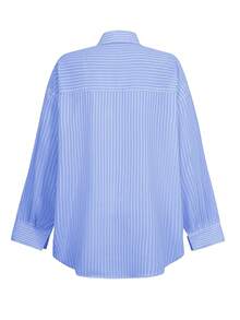 Look Polly Women's Elegant Blue Stripe Printed Striped Long Sleeve Shirt, Single-Breasted Casual Fashion Blouse, Spring/Summer Wear, With Pocket Design, Back To School, Retro Style - Denim Blue - View 4