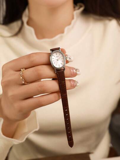 LI Piece Vintage, Elegante Oval Case, PU Belt Watch, Elegant, Delicate, Lovely Small Dial Rhinestone Perfect Everyday Wear, Birthday s, Parties, Holiday Gatherings, As The Ideal Yourself Or Friends No Box