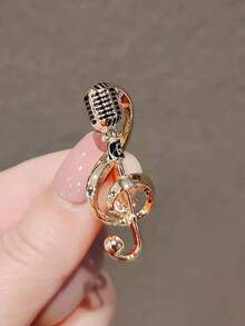1pc Metal Microphone Brooch, Personalized Laperl Pin, Music Note Creative Decor For Sweater, Suit, Everyday Wear Christmas Gift - Gold - View 3