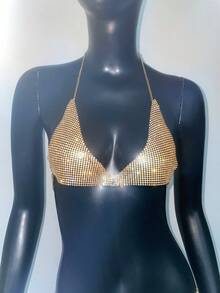Y2K Women's Metal Rhinestone Bralette, Sexy Sheer Glitter, Suitable For Bar Party Carnival, Club Wear For Rave