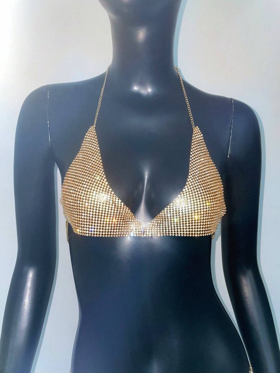 Y2K Women's Metal Rhinestone Bralette, Sexy Sheer Glitter, Suitable For Bar Party Carnival, Club Wear For Rave