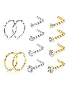 6-12 件鼻环鼻钉 20G L 形鼻钉 1.5 毫米 2 毫米 2.5 毫米 4 毫米方晶锆石小号银金防过敏鼻环饰品男士 - 鼻釘 - 查看 1