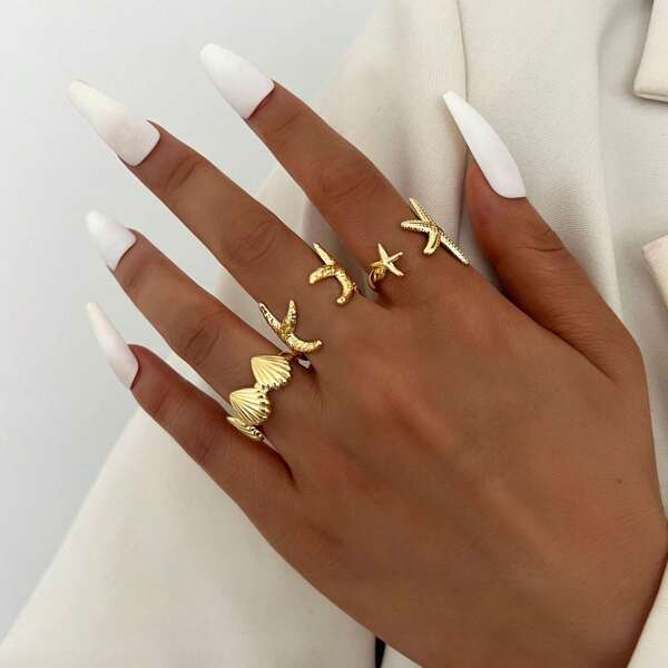 3 Stücke/Set Kreativer offener Ring aus Legierung mit Seestern- und Muschel-Motiv, Strand- & Ozean-Stil
