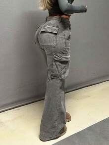 女士美式时尚水洗修身工装牛仔裤，休闲春季款 - 淺灰色 - 查看 5