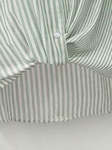 Camisa feminina casual de férias listrada patchwork de algodão bainha dobrada punho frontal costas curtas estilo longo manga comprida, primavera/verão - Verde - Ver 5