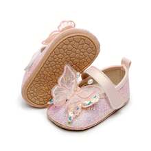 Baby Girl Dress Shoes Shiny 3D Butterfly Princess Mary Jane Flats Non-Slip Crib Shoes - Hồng - Xem 2