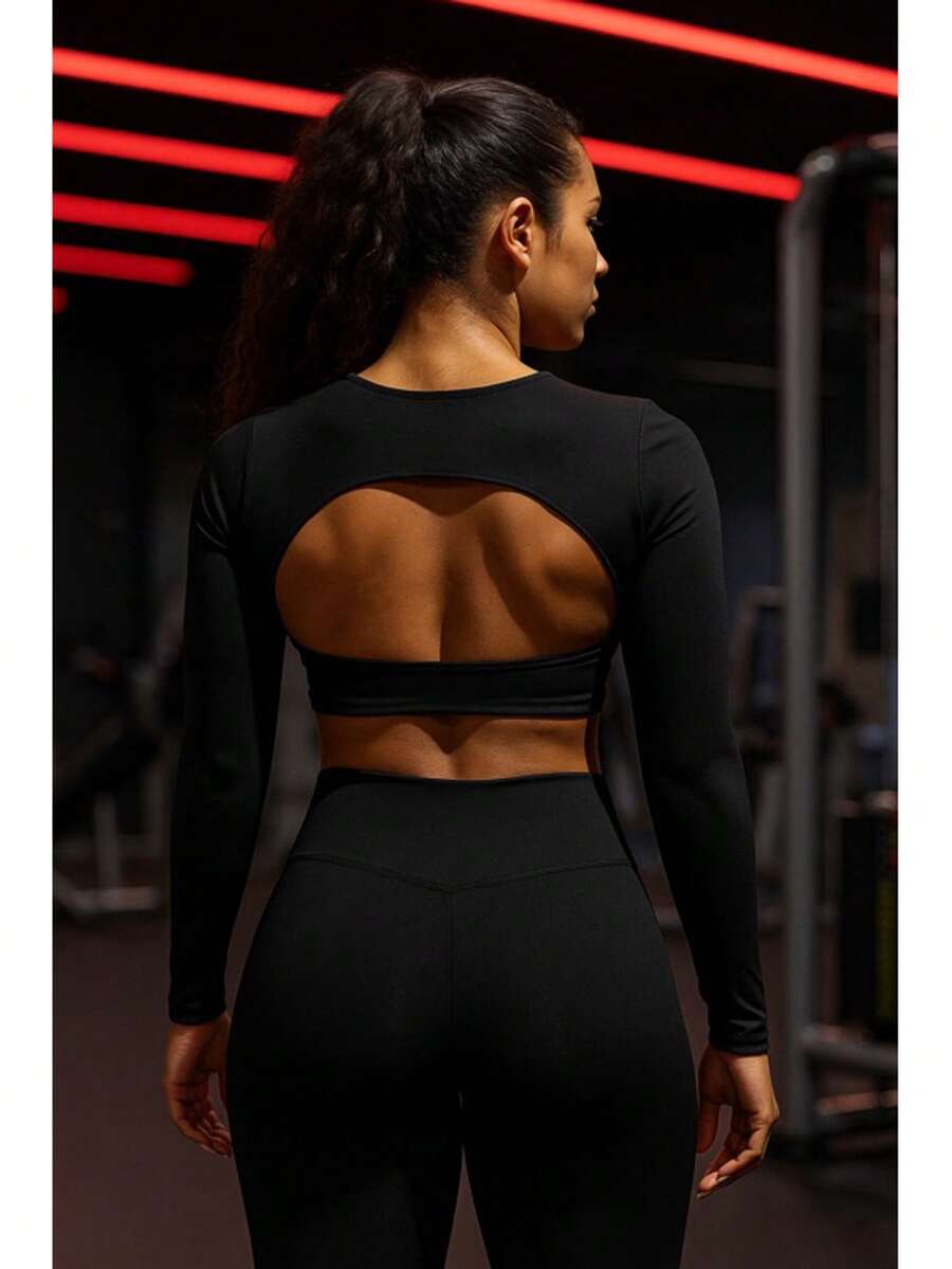 Gym Set Long Sleeve Crop Top Open Back + Tight Leggings Winter Workout Gym Clothing - màu đen - Xem 1