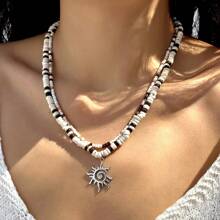 2pcs Coconut Shell Beaded Necklace, Layered Sun Pendant Choker Necklace For Men And Women, High-End Streetwear, Daily Summer Style, Couples Necklace
