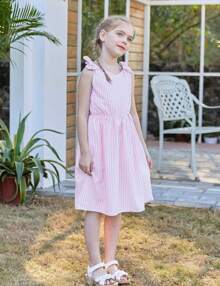2025 BestEnlifety 3-10T Girls Dresses Sleeveless Summer Dress Bowknot Strap Sundress - 草莓條紋 - 查看 10