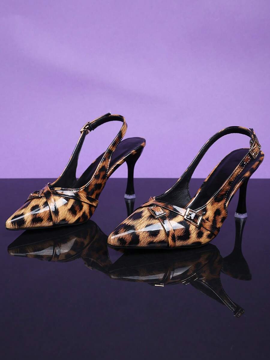 1 Đôi giày cao gót da bóng họa tiết da báo màu nâu dành cho thiếu niên có khóa kim loại hình chữ thập, mũi nhọn, thiết kế gót thấp, thích hợp cho tiệc tùng, mua sắm, du lịch, nghỉ dưỡng, mùa hè - màu nâu - Xem 1