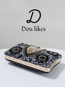 Black Rhinestone Embellished Women's Evening Bag, Featuring Elegant Chunky Pearls, Exuding A Sophisticated And Luxurious Vibe. Suitable For Formal Occasions, Cocktail Parties, Galas, And Weddings. Can Be Paired With Evening Gowns, Bridesmaid Dresses, And Accessorized With Shoulder, Crossbody, Or Chain Strap Handbags.