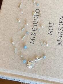 1pc Starfish & Shell Pearl Necklace, Layered Collarbone Chain Delicate Beach Style Accessories For Women