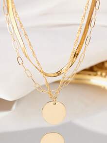 1 Set Stainless Steel Texture Gold Wire Flat Blade Chain Layered Stacking Design Round Shiny Pendant Necklace, With Gold Checkered Paper Clip, Suitable For Women To Wear On Holiday Parties - Vàng - Xem 4