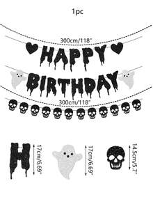 1pc Black Glitter Halloween Birthday Banner Black Heart Skull Garland Halloween Happy Birthday Decorations For Halloween Birthday Party Decorations Theme BabyShower Supplies - Multicolor - View 3