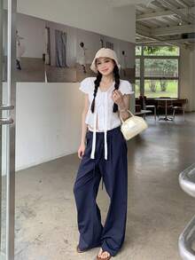 海军蓝色直筒裤，白色撞色拼接，女士休闲裤 - 藏蓝色 - 查看 3