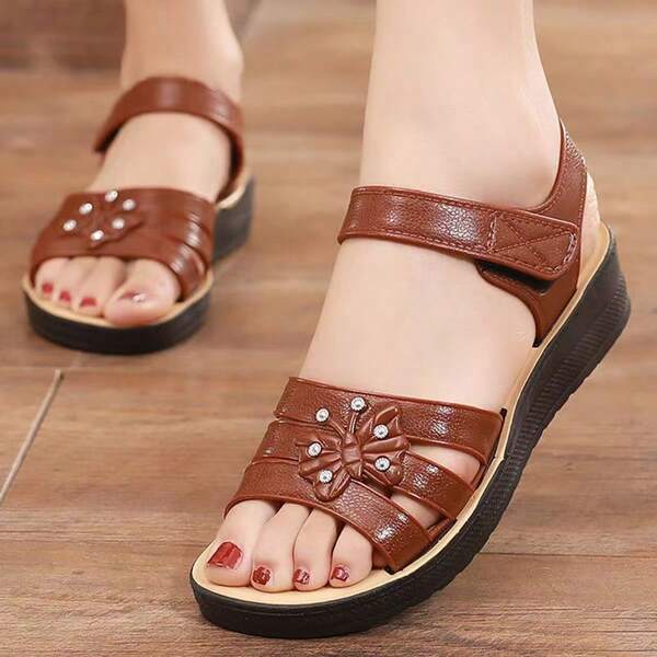 Sandalias de verano para mujer - unicolor casual, diseño hueco transpirable, cierre de , tacón plano, zapatos de playa, sandalias planas multifuncionales, cómodas