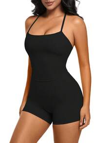 1 Pack Summer Women's Open Back Tracksuit Set Camisole Top High Waist Yoga Shorts Quick Dry Set Is Suitable For Holidays, Travel Work, Sports Wear - 黑色 - 查看 2