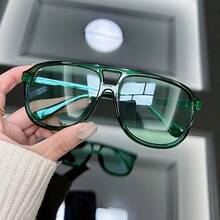 1 Pair Of Retro Large Frame Fashion Glasses |   Retro Fashion Style Minimalist Casual Oval Glasses,  Protection, Plastic Frame - 綠色 - 查看 3