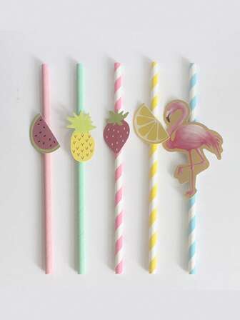 10 piezas/Paquete Pajitas de papel desechables con estampado de frutas de limón, forma de dibujos animados para decoración de bebidas en fiestas de verano