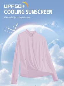 Áo khoác mùa hè cỡ lớn dành cho nữ, chống tia UV UPF 50+, thoáng khí, có túi, cổ đứng, bảo vệ da khỏi ánh nắng mặt trời, nhẹ và thoáng khí, thích hợp mặc ngoài trời. Áo khoác mùa xuân - Màu Hồng baby - Xem 1