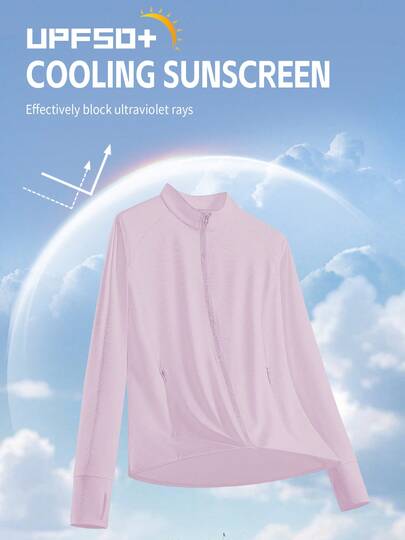 Women Plus Size Summer UPF 50+ UV Breathable Jacket With Pockets Outdoor Clothing Stand-Up Collar Sun-Protective Lightweight And Breathable Jacket